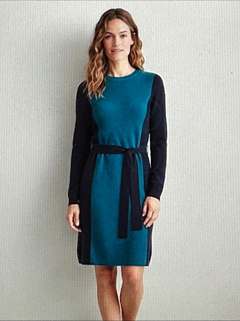 Boden NWT Teal & Navy Blue Colorblock Wool Blend Knit Belted Dress